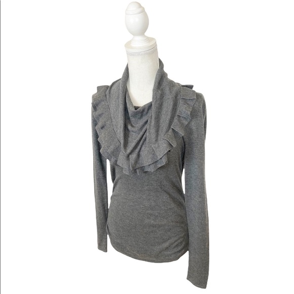 T Tahari Petite Charcoal Grey Ruffled Trim Cowl Neck Sweater Size XS Petite - Picture 2 of 8